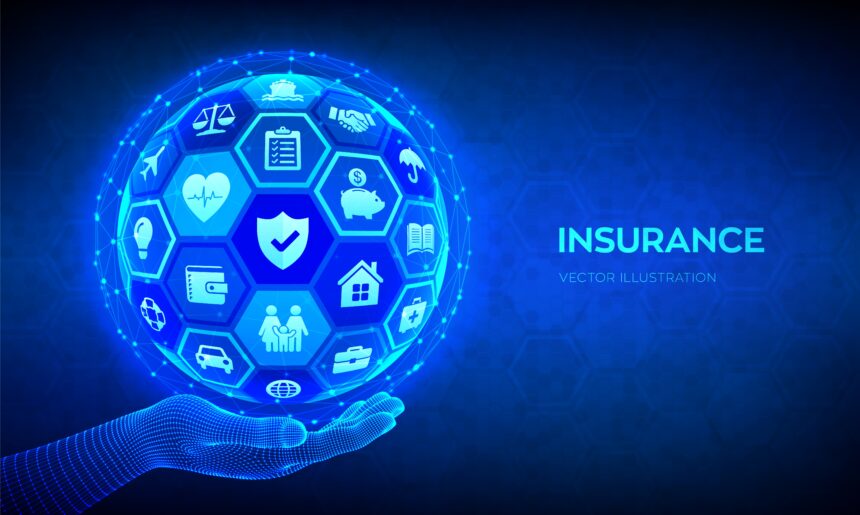 Insurance Services Concept. Car, travel, family, real estate, education, intellectual property, financial and health insurance. Abstract 3D sphere or globe with icons in hand. Vector illustration. Building Skills for a Resilient Insurance Sector